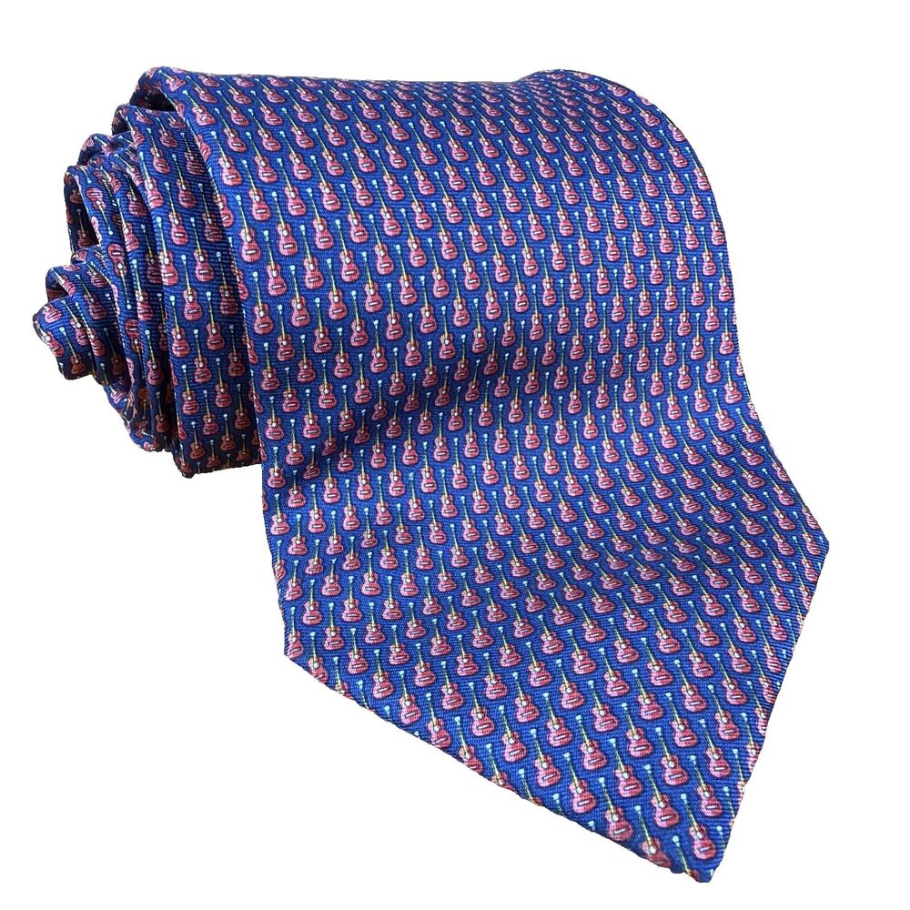 Salvatore Ferragamo Silk Tie Blue Red Guitar Musical Instrument Italy READ!
